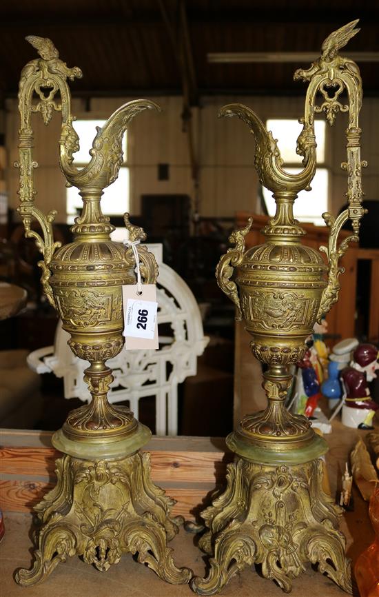 A pair of 19th century French ormolu and green onyx renaissance style ewers, 2ft